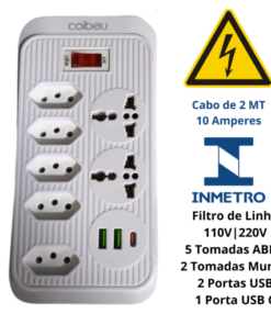 Filtro de Linha 7 Tomadas 3 USB