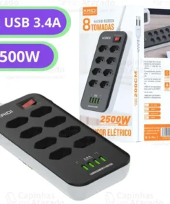 Extensão Elétrica c/ 8 Tomadas e 4 Portas USB – 2 Metros – Kaidi – KD-602